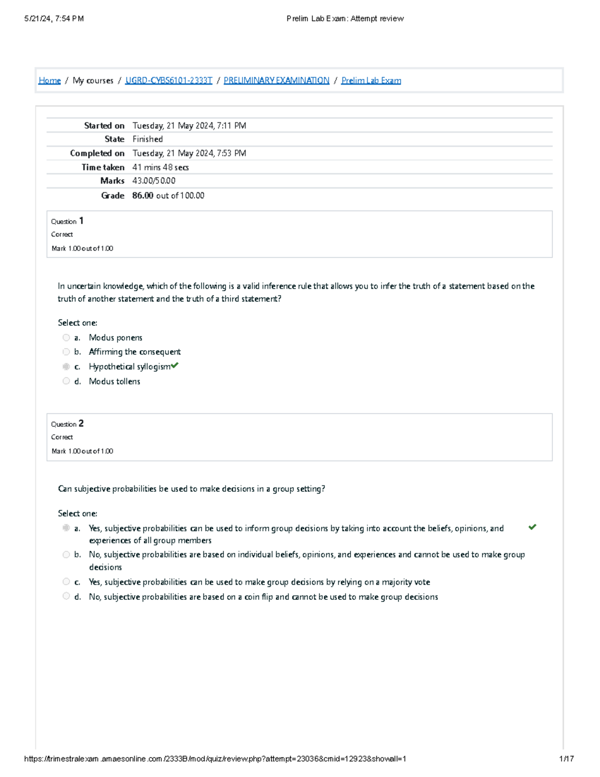 AI Fundamentals 43 - Quizzes and exams - Home / My courses / UGRD ...