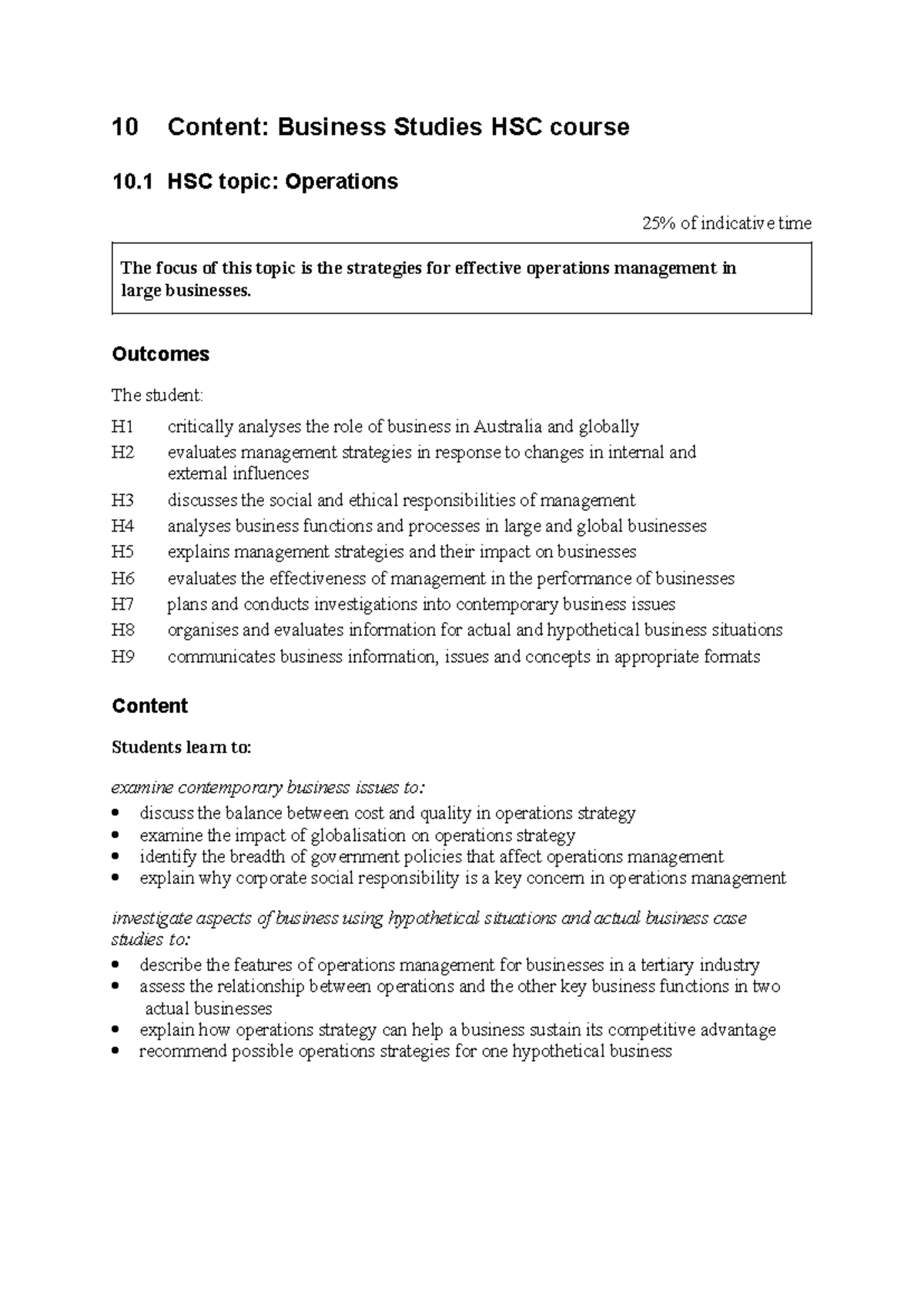 YR 12 Business Studies Syllabus - 10 Content: Business Studies HSC ...