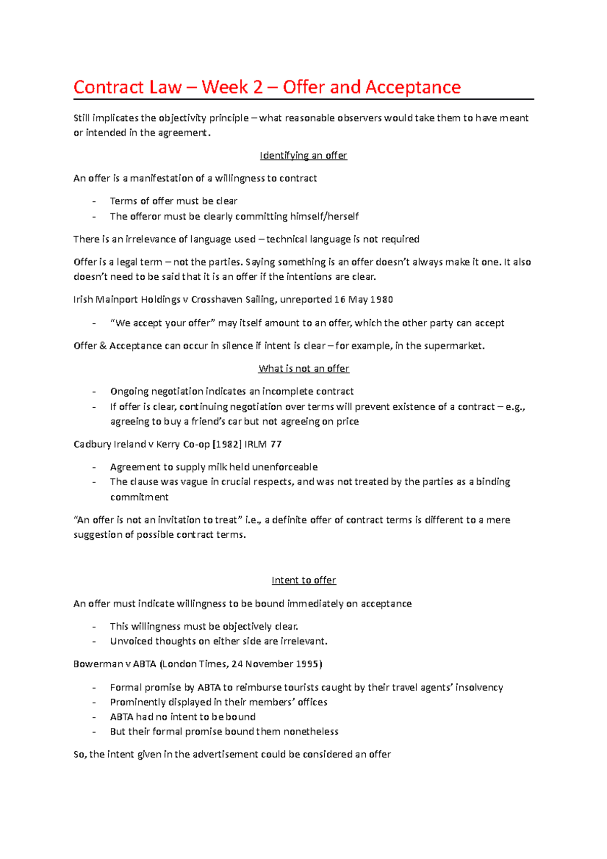 Contract Law - Week 2 - Offer & Acceptance - Contract Law – Week 2 ...
