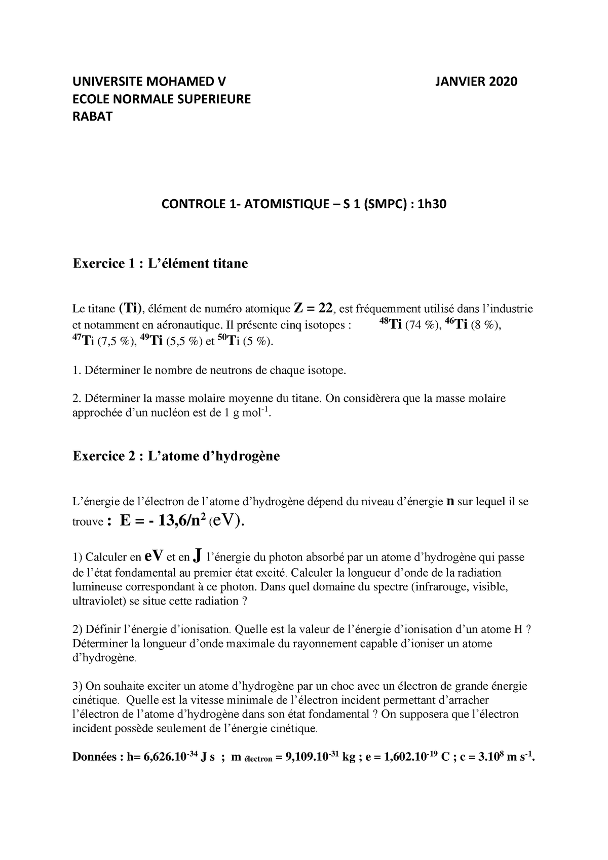 Controle Final - Le Cours Et Les Exercices D'atomistique - UNIVERSITE ...