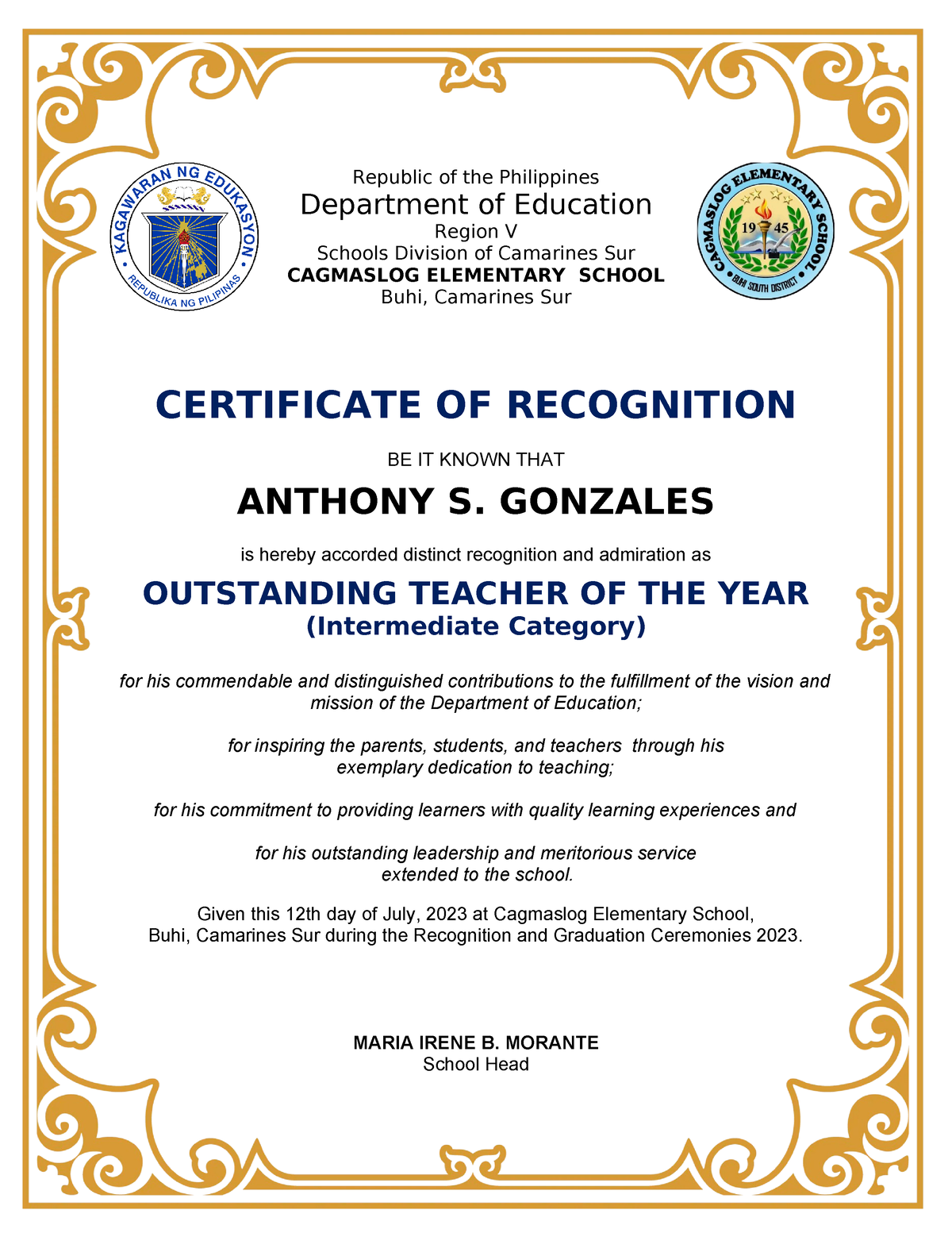 CErtificate of Recognition- Outstanding Teacher of teh Year - Republic ...