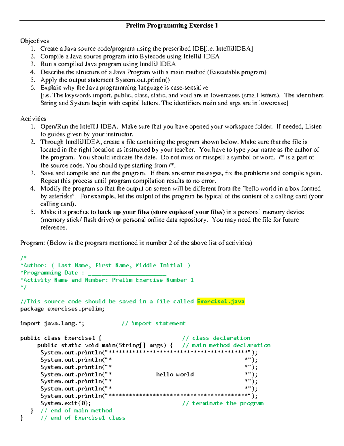 Prelim Programming Exercise 1 - Create a Java source code/program using ...