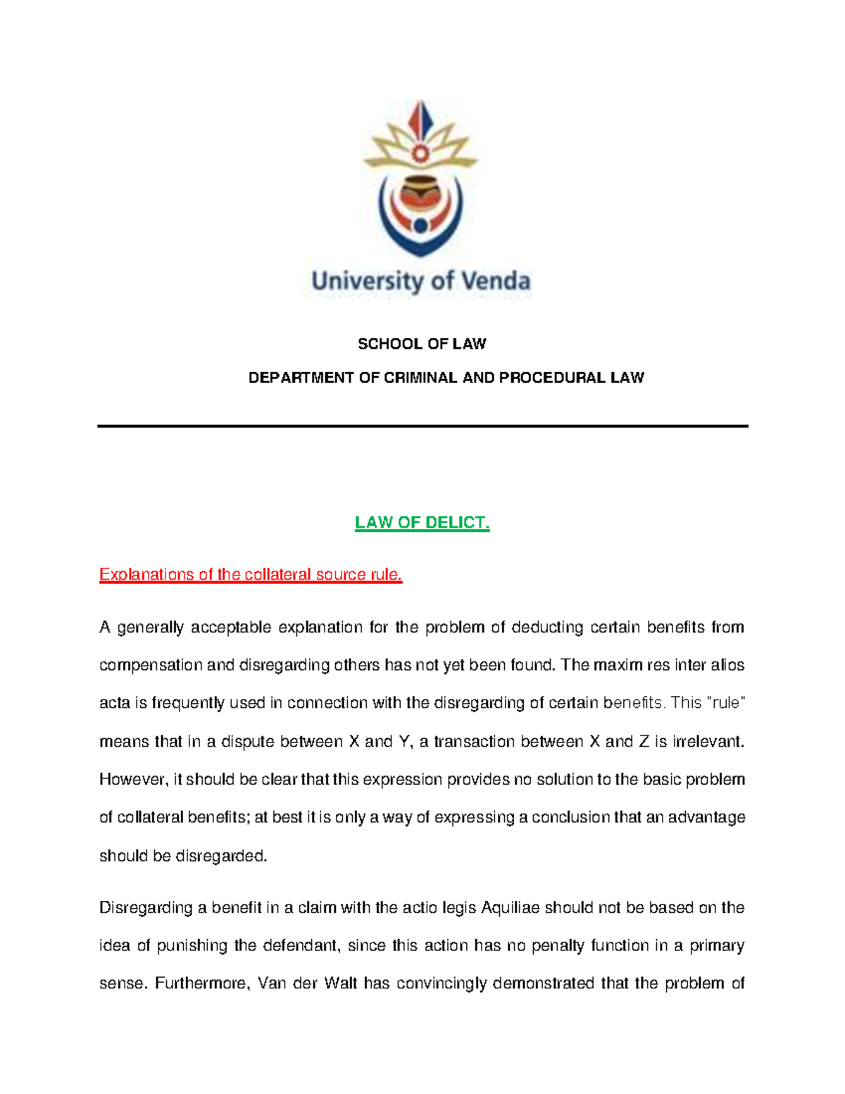 Explanations of the collateral source rule SCHOOL OF LAW DEPARTMENT