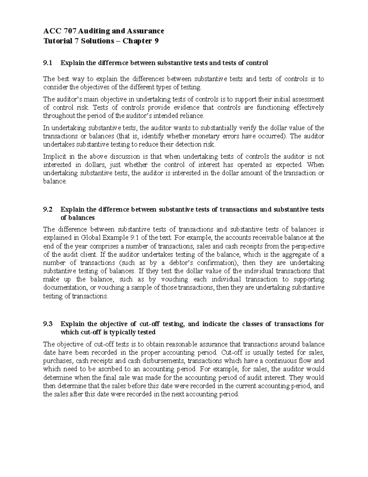 Tutorial 7 Assurance And Auditing Solutions - Chapter 9 10 - Acc 707 