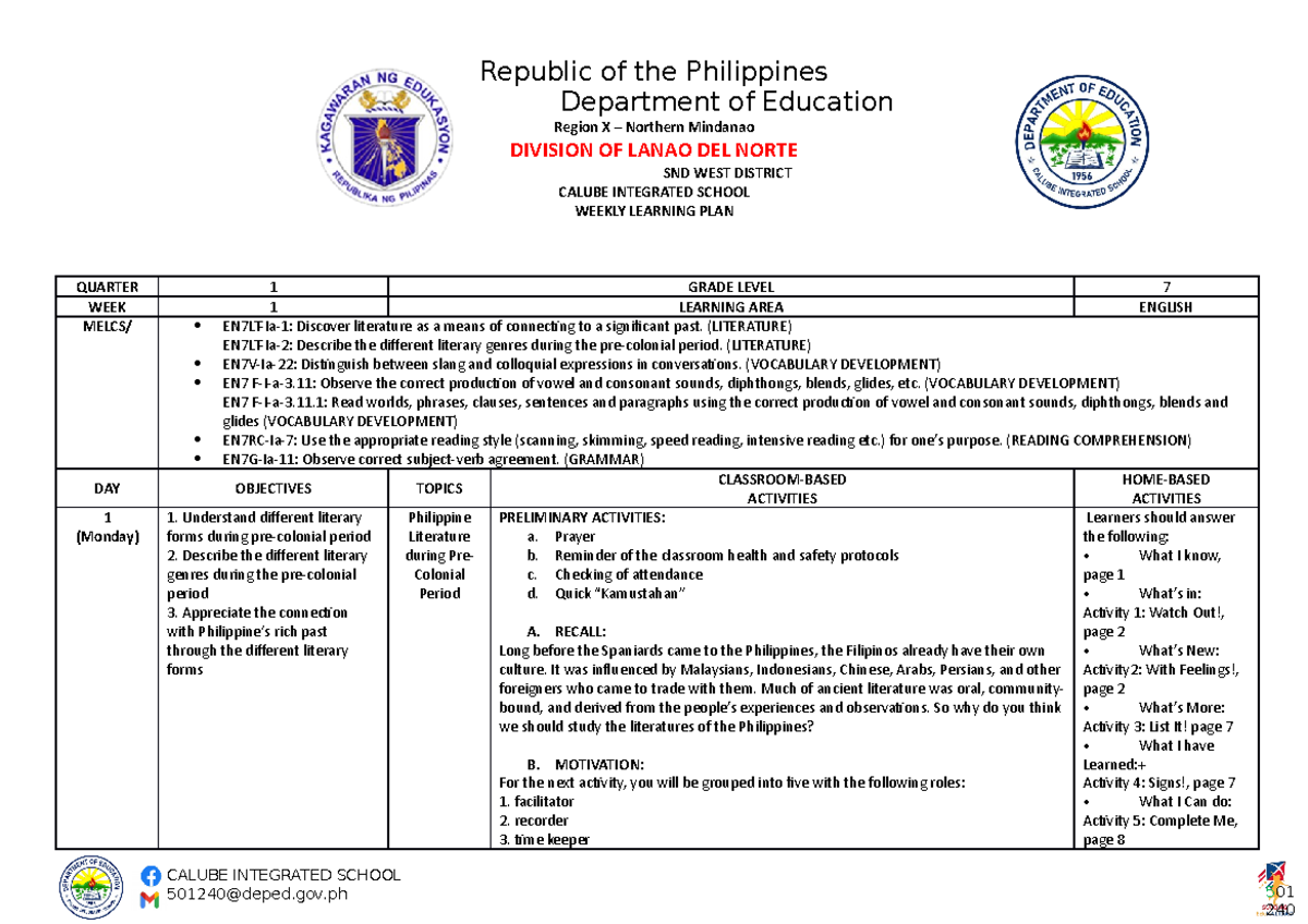 WLP-G7-W1 - narrative report - Republic of the Philippines Department ...