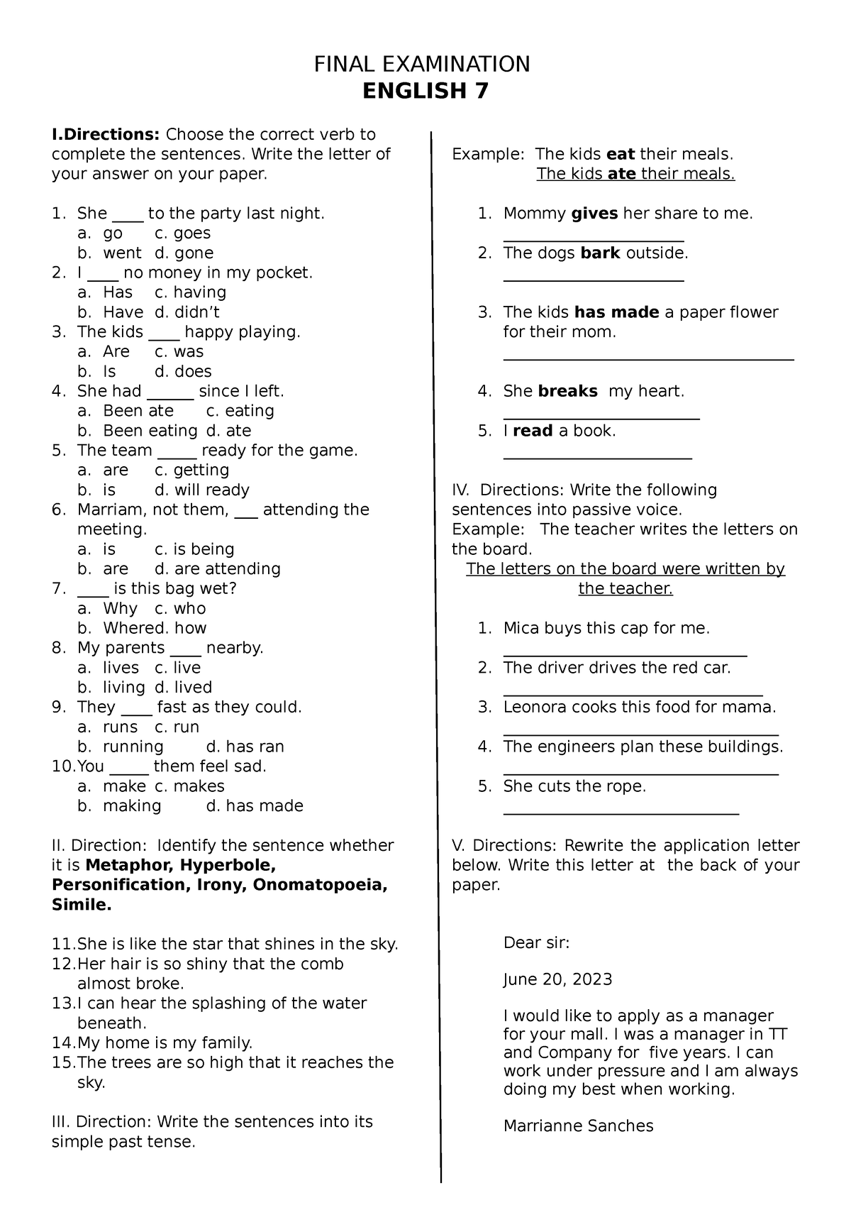 Final Examination - ... - FINAL EXAMINATION ENGLISH 7 I: Choose the ...