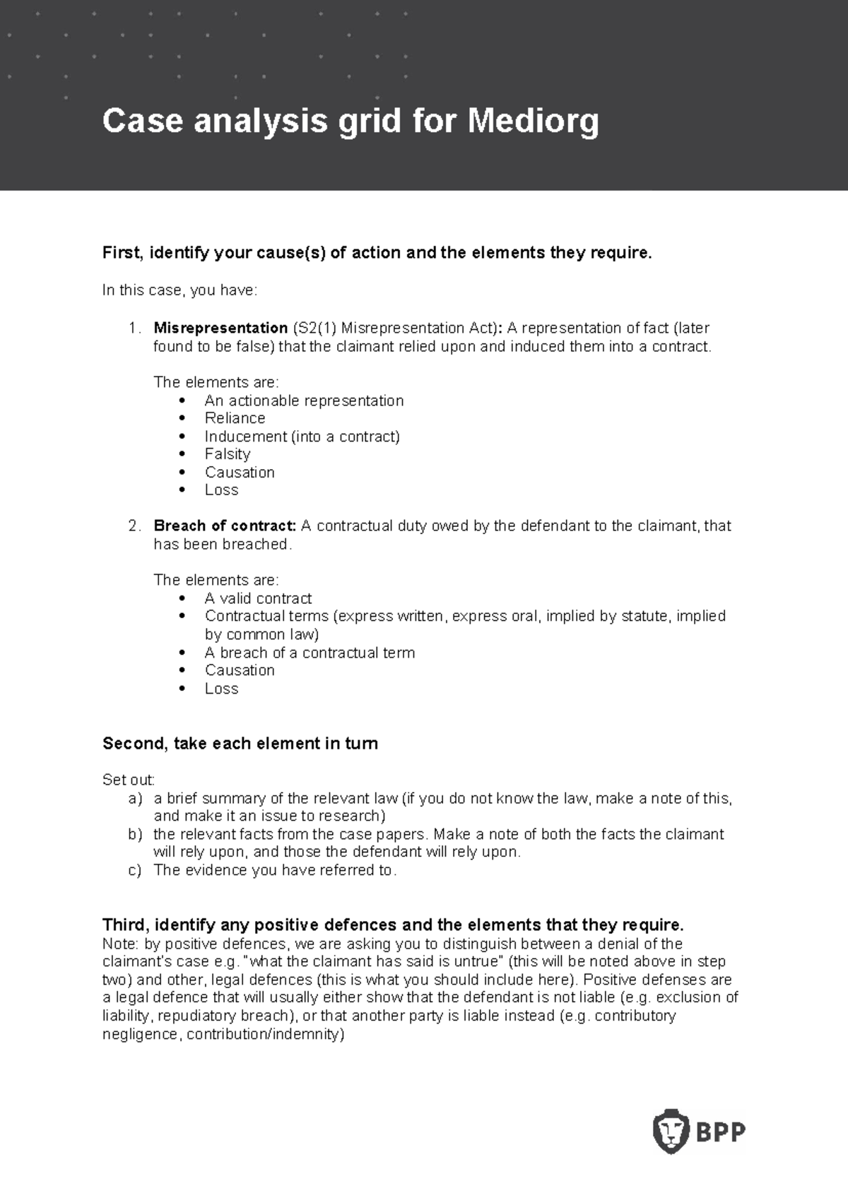 Case analysis grid - In this case, you have: 1. Misrepresentation (S2(1 ...