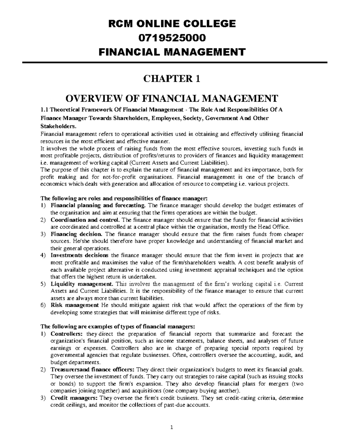 FM Topic 1 - Notes on financial management - RCM ONLINE COLLEGE ...