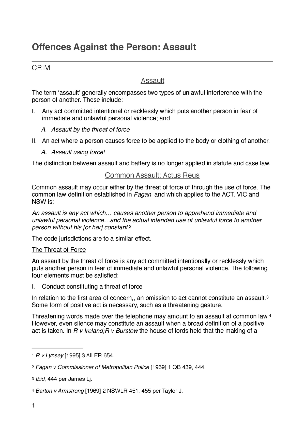 Assault- Crim - Lecture Note 8 - Offences Against The Person: Assault ...