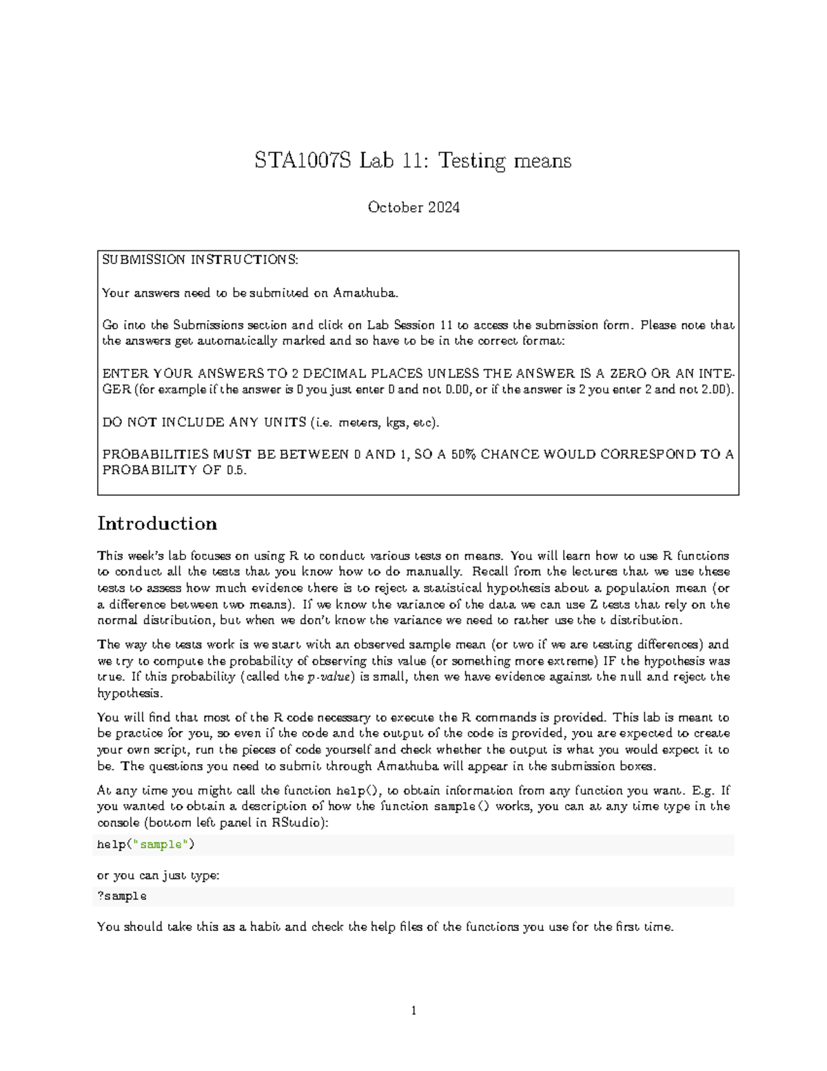 Lab 11 - Document is for the lab 11 work assignment for STA1007S 2024 ...