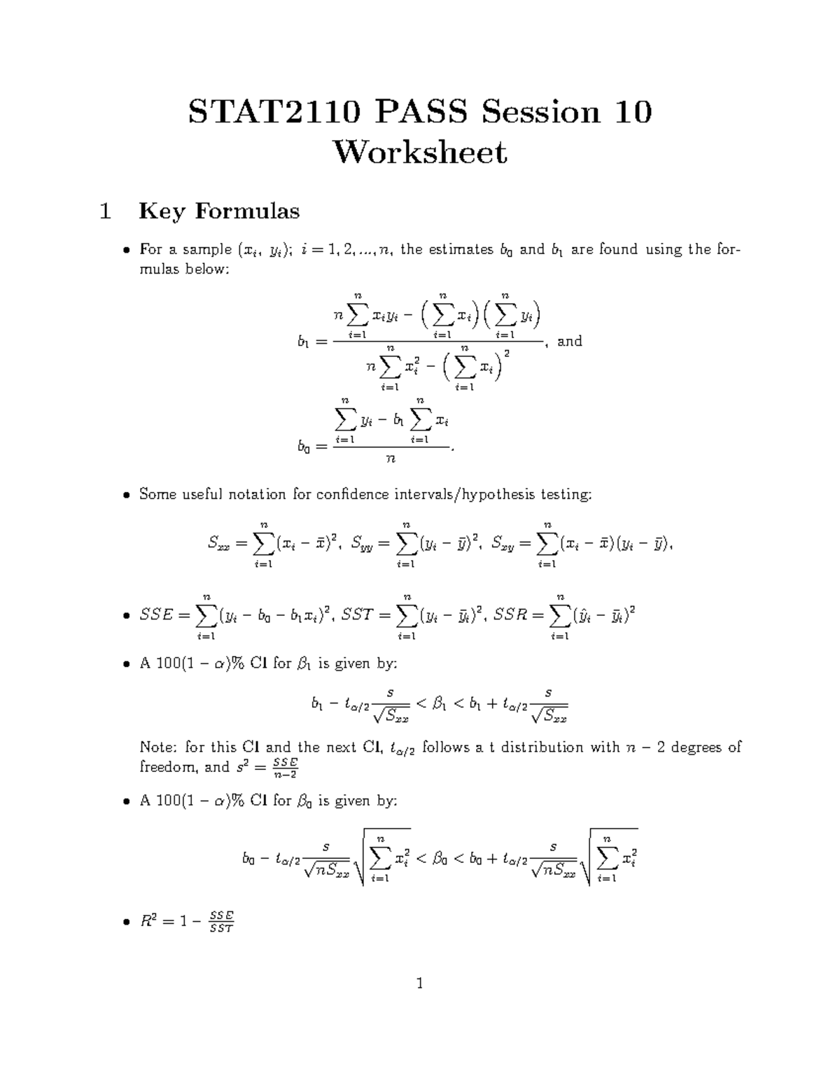 STAT2110 PASS Session 10 Worksheet - .., n, the estimates b 0 and b 1 ...
