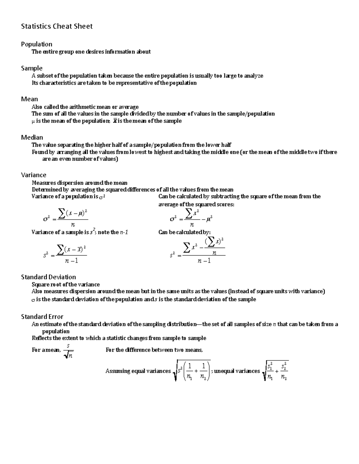 Statistics handout/ cheatsheet pdf - - Studocu