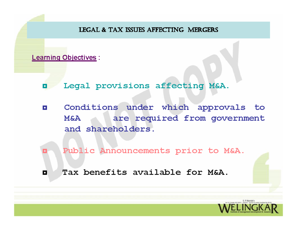Legal issues of Mergers & Acquisitions in India - LEGAL & TAX ISSUES ...