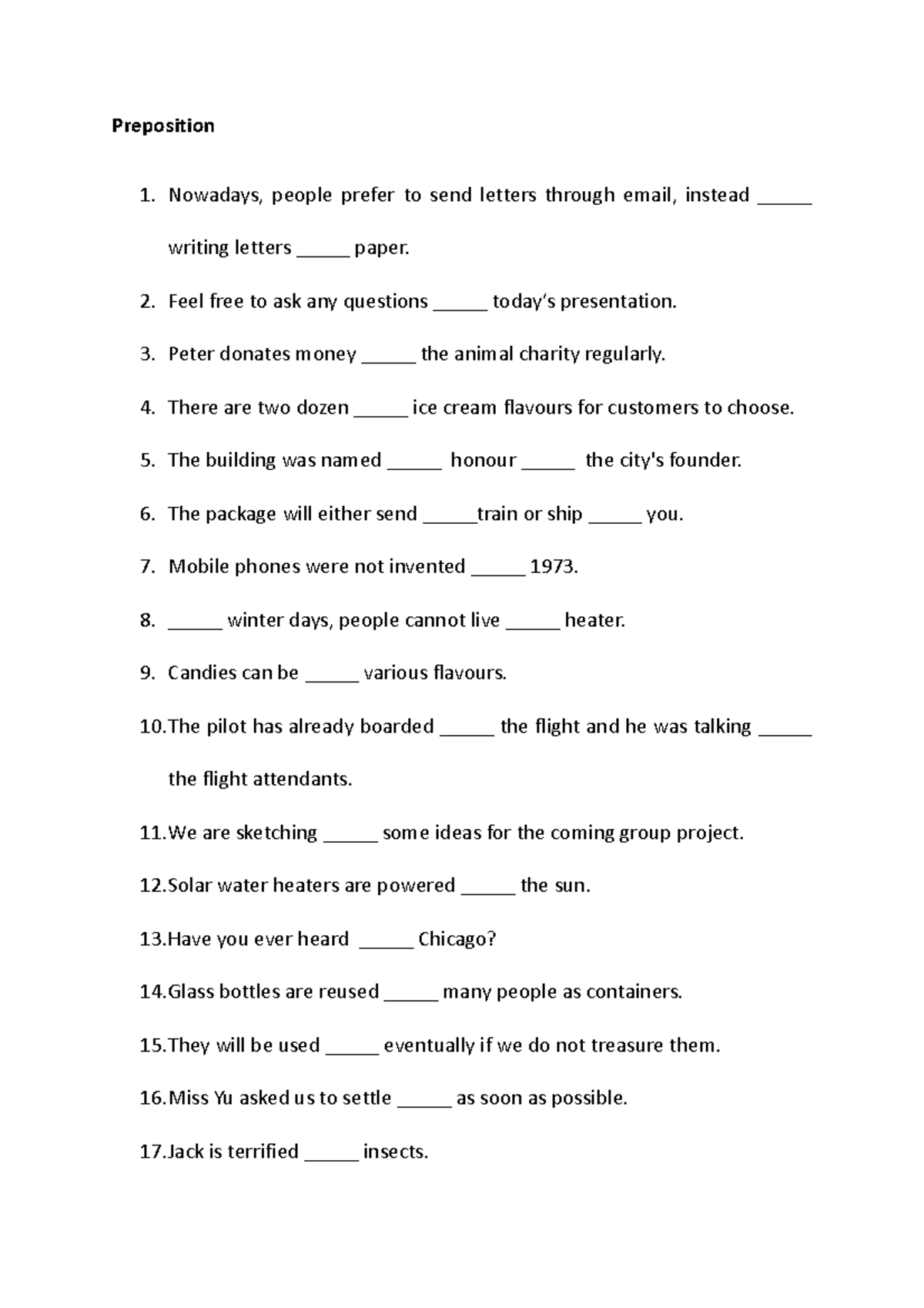 Worksheet - Preposition/ Relative pronouns/ Vocabulary - Preposition 1 ...