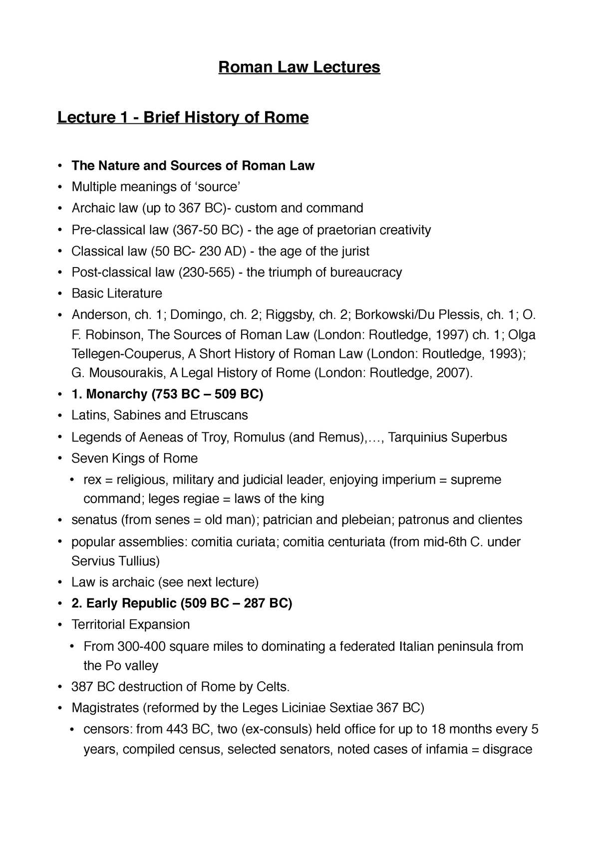 Roman Law Lectures - Lecture Notes 1-10 - Roman Law Lectures Lecture 1 ...