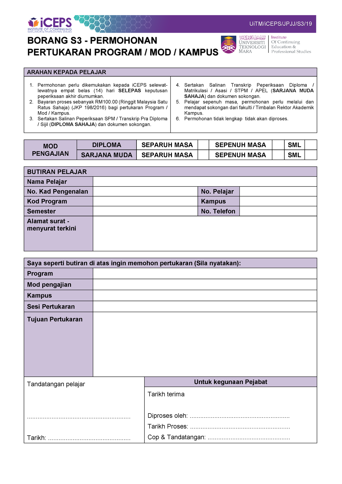 Borang S3 Permohonan Pertukaran Program Mod Kampus 251219 - BORANG S3 ...