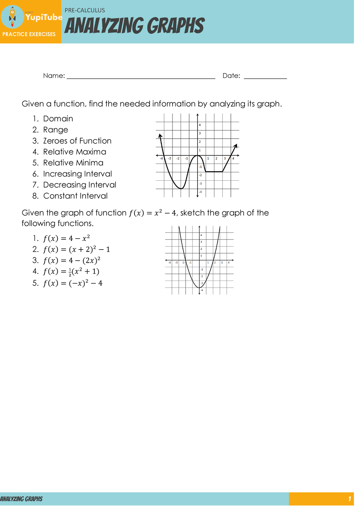 Pre-Calculus Assessment (Analyzing Graphs) - PRACTICE EXERCISES PRE ...