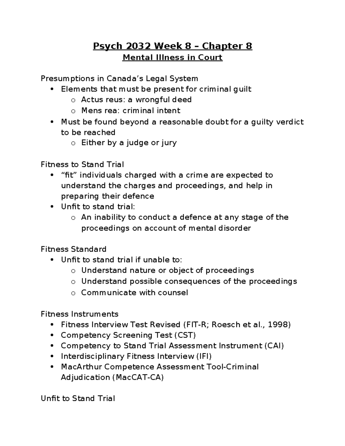 Midterm 2 Notes - Psych 2032 Week 8 – Chapter 8 Mental Illness in Court ...