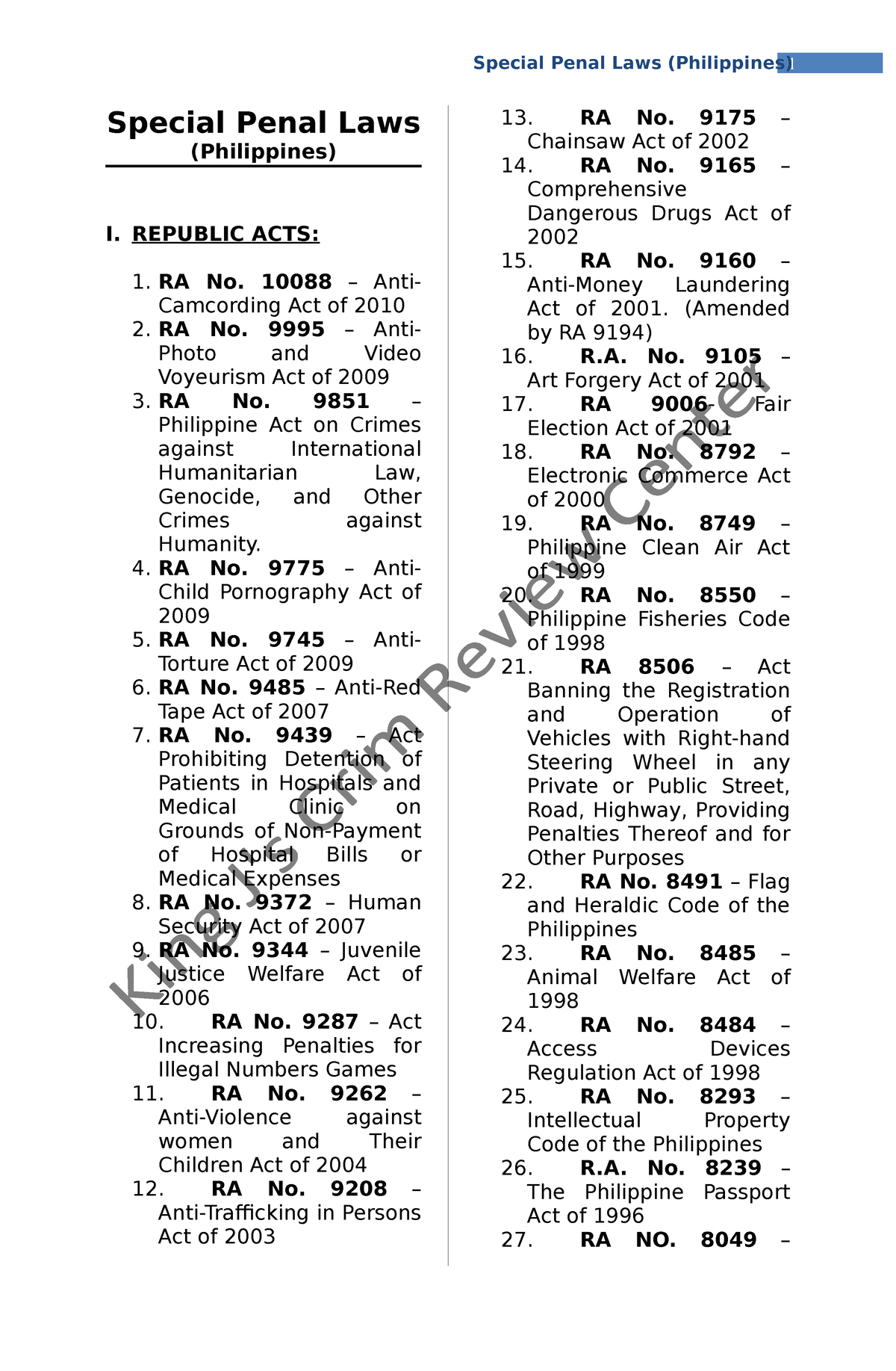 List Of Special Penal Laws In The Philippines