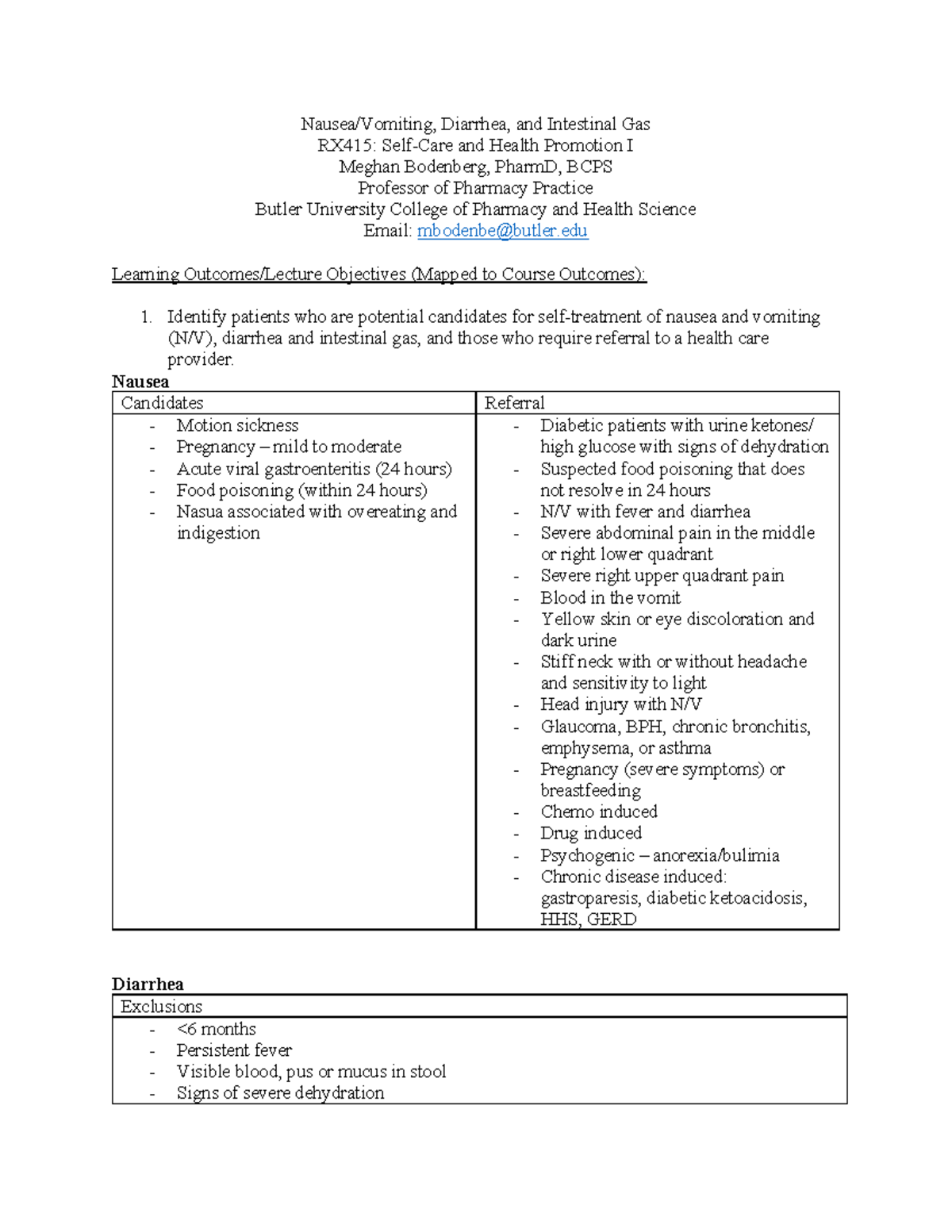 Self care NVD notes Nausea/Vomiting, Diarrhea, and Intestinal Gas