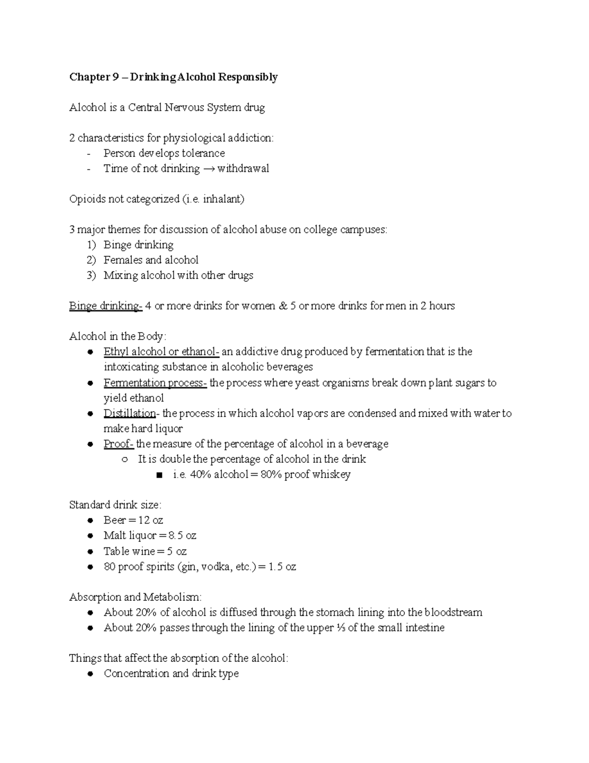 HLTH 100 - Chapter 9, Part 1 Lecture Notes - Chapter 9 – Drinking ...