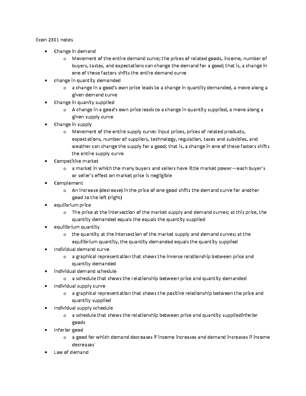 Econ 2301 Notes 03 Econ 2301 Notes Change In Demand O Movement Of The