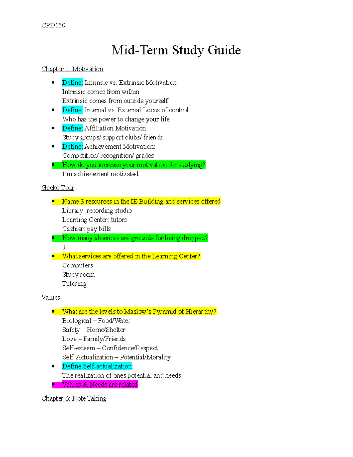 Mid Term Study Guide Mid Term Study Guide Chapter 1 Motivation