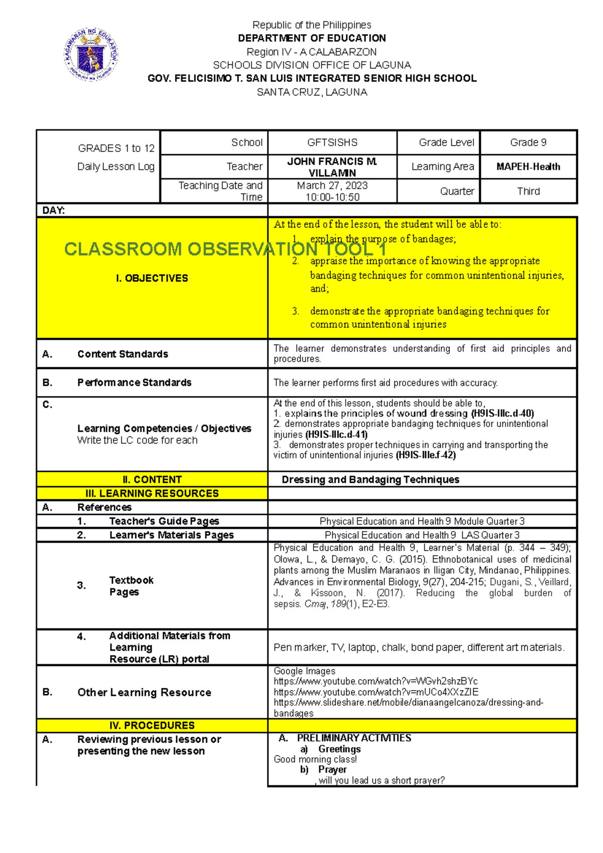 COT KIKO Lesson plan in bandage's GRADES 1 to 12 School GFTSISHS
