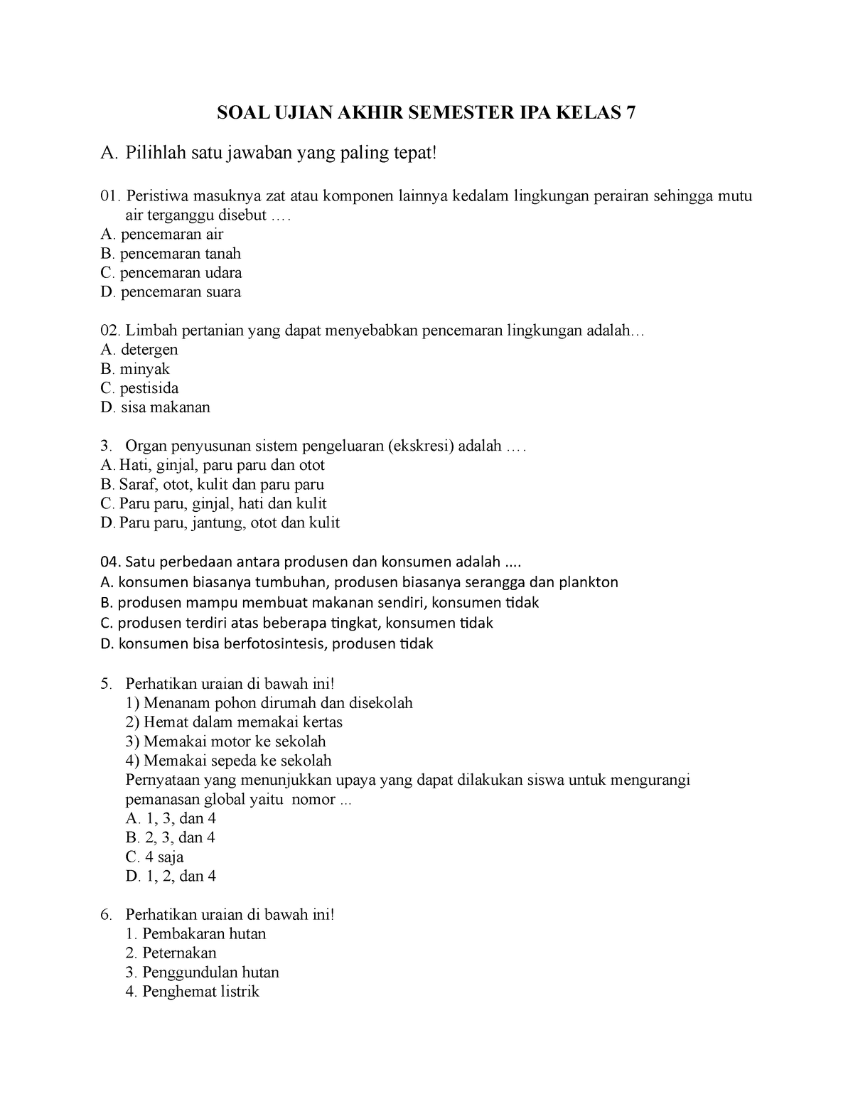 SOAL Ujian Akhir Semester IPA Kelas 7 - SOAL UJIAN AKHIR SEMESTER IPA ...