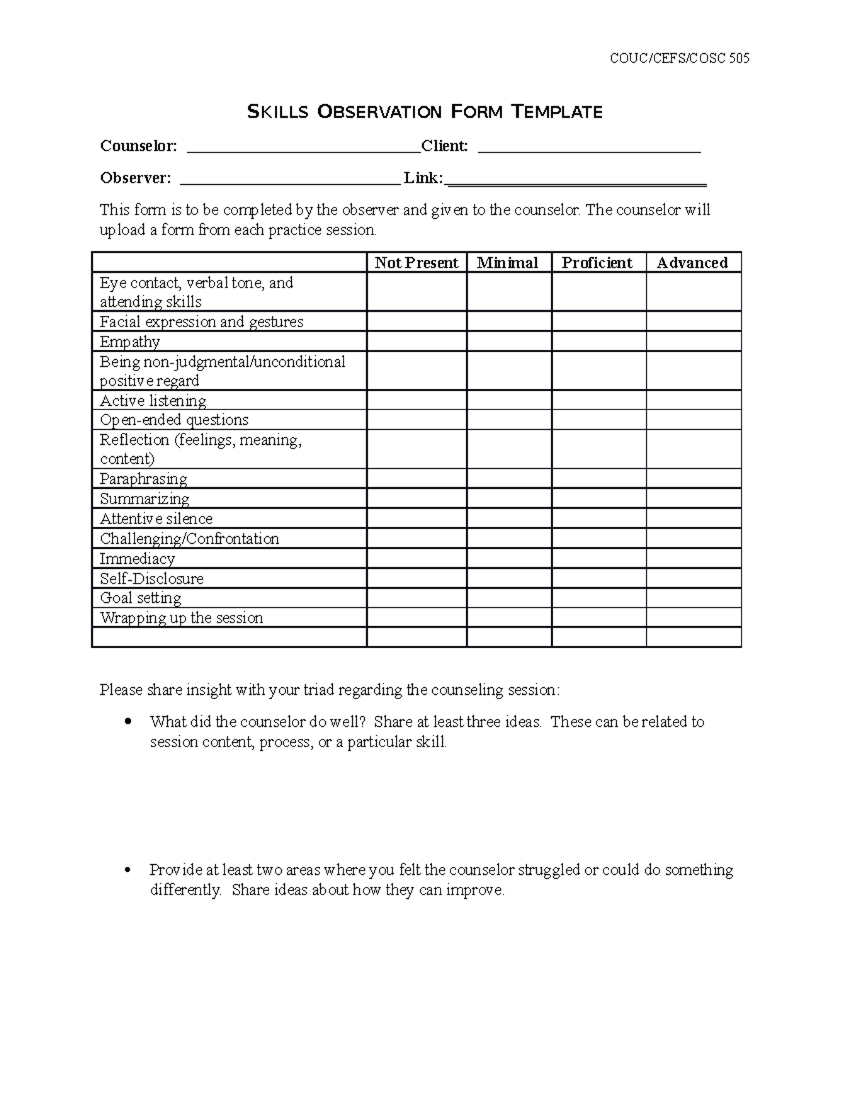 Skills Observation Form Template - COUC/CEFS/COSC 505 SKILLS ...