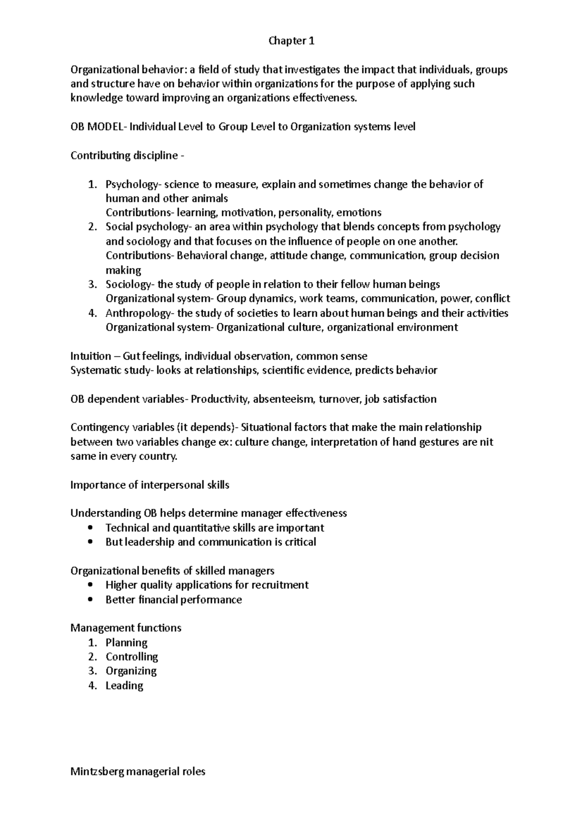 Chapter 1 OB - Chapter 1 Organizational behavior: a field of study that ...