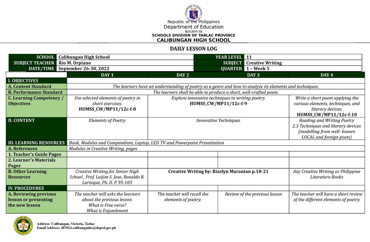 Creative Writing - WEEK 5 - Address: Calibungan, Victoria, Tarlac ...