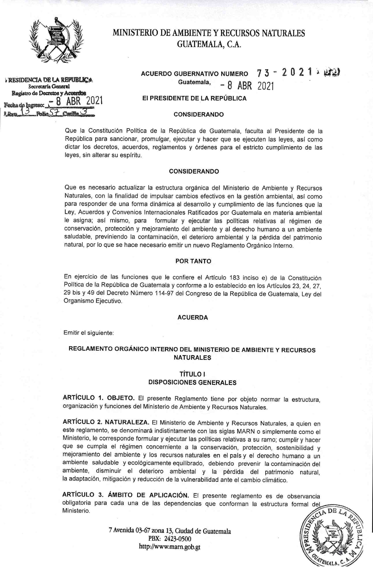 AG-073-2021 Reglamento Interno MARN - Derecho Administrativo - Studocu