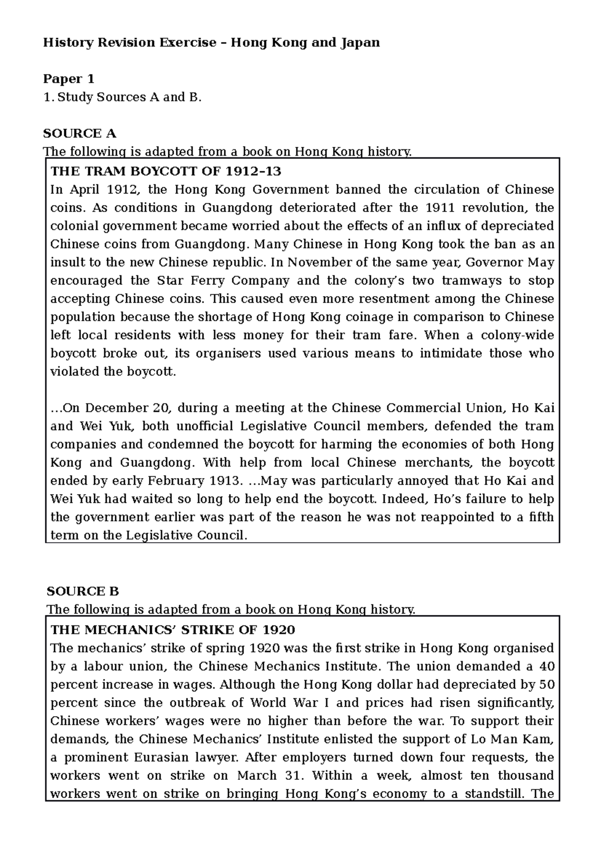 History Revision Exercise HK and Japan History Revision Exercise