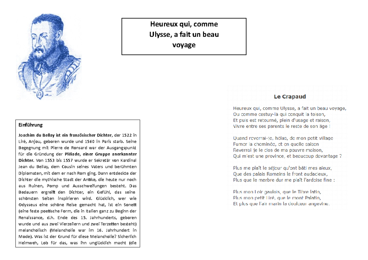 1) Heureux qui, comme Ulysse, a fait un beau voyage - Heureux qui