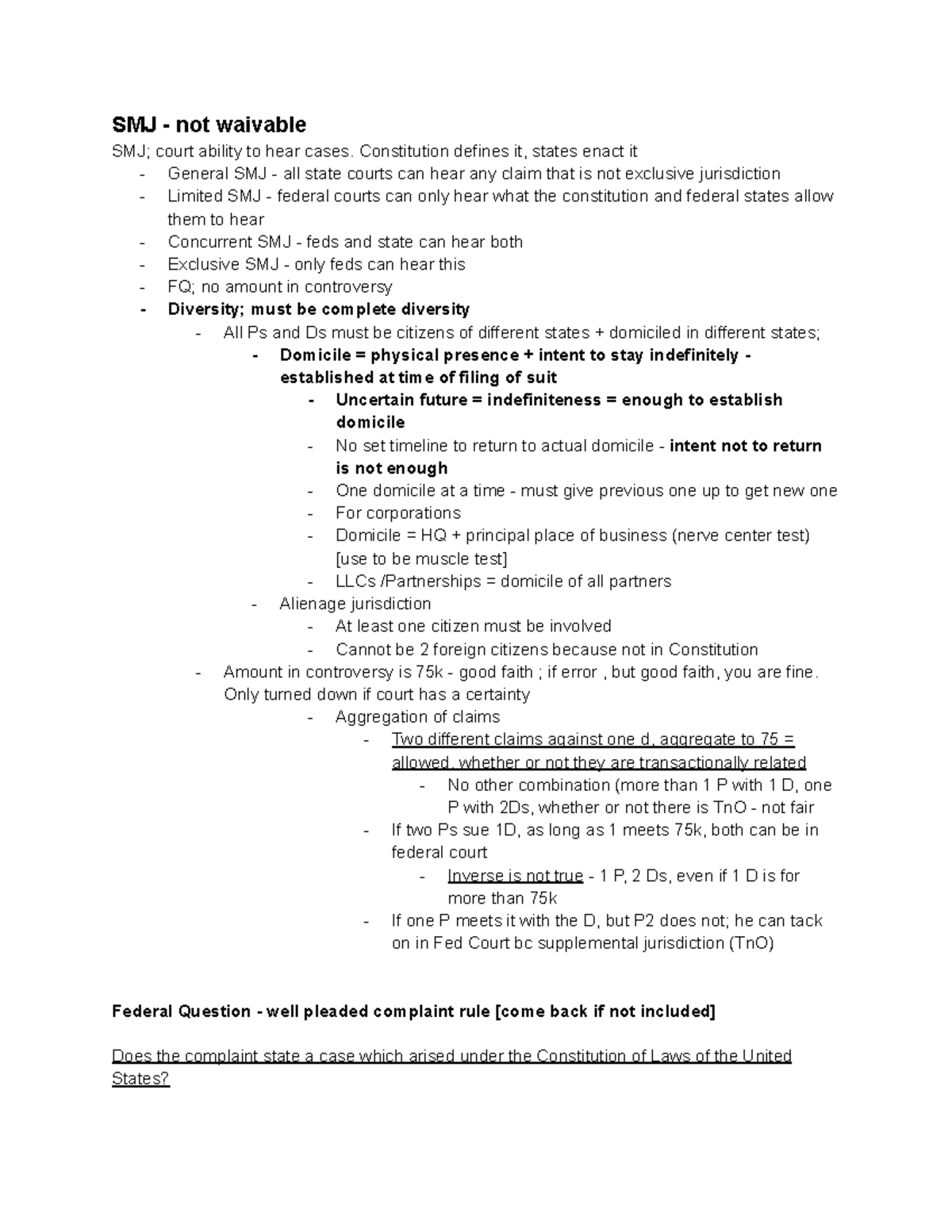 Key Concepts for Civ Pro - SMJ - not waivable SMJ; court ability to ...