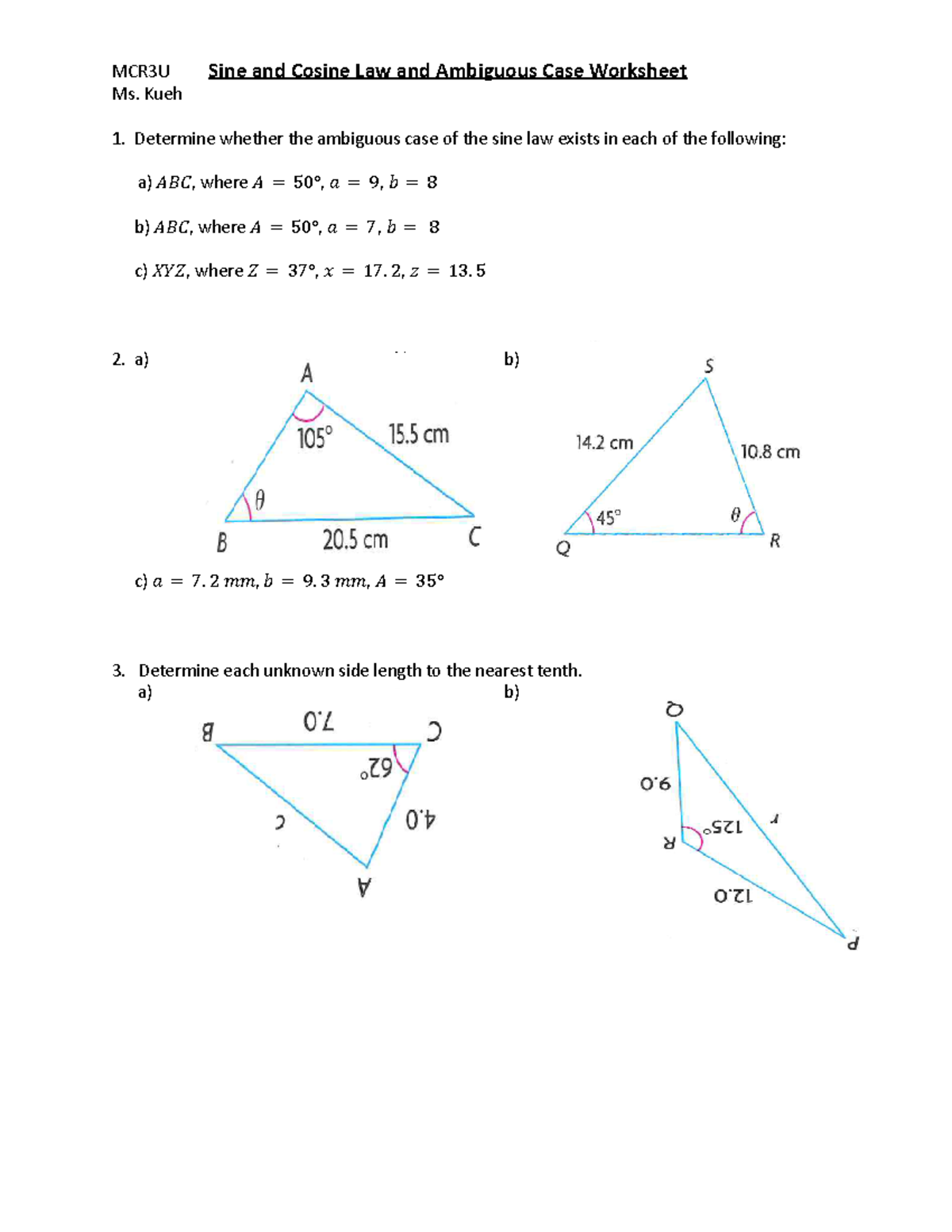 Sine Cosine Ambiguous Case Worksheet - MCR3U Sine and Cosine Law and ...