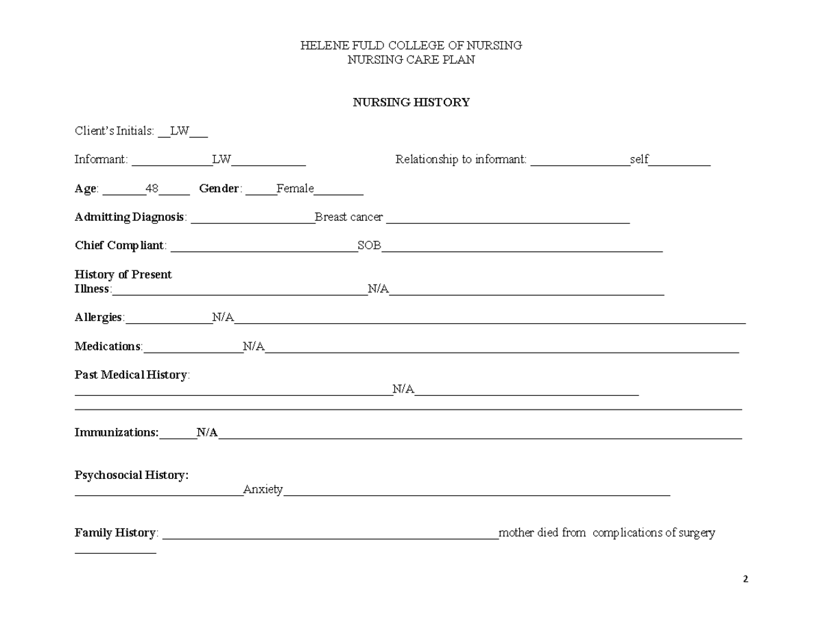 Nursing care plan 23 - care plan - NURSING CARE PLAN NURSING HISTORY ...