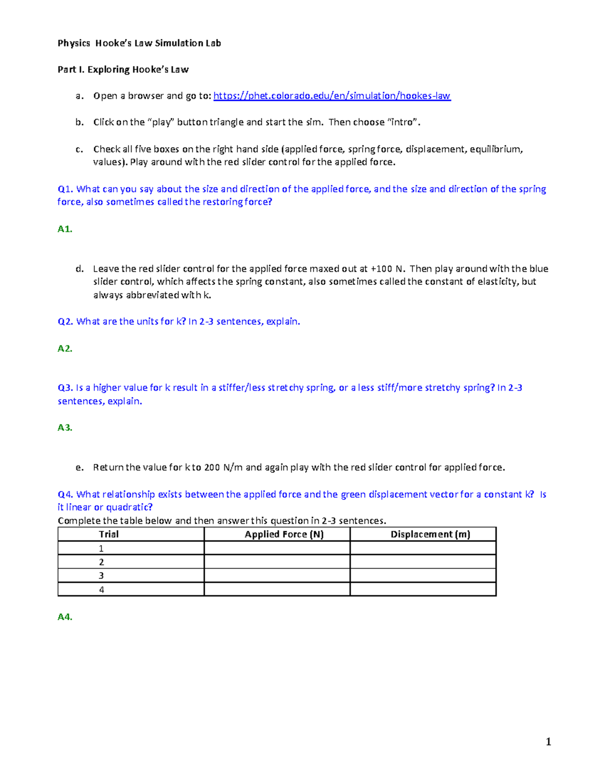 Ph ET Hookes Law - wadsads - 1 Physics Hooke’s Law Simulation Lab Part ...