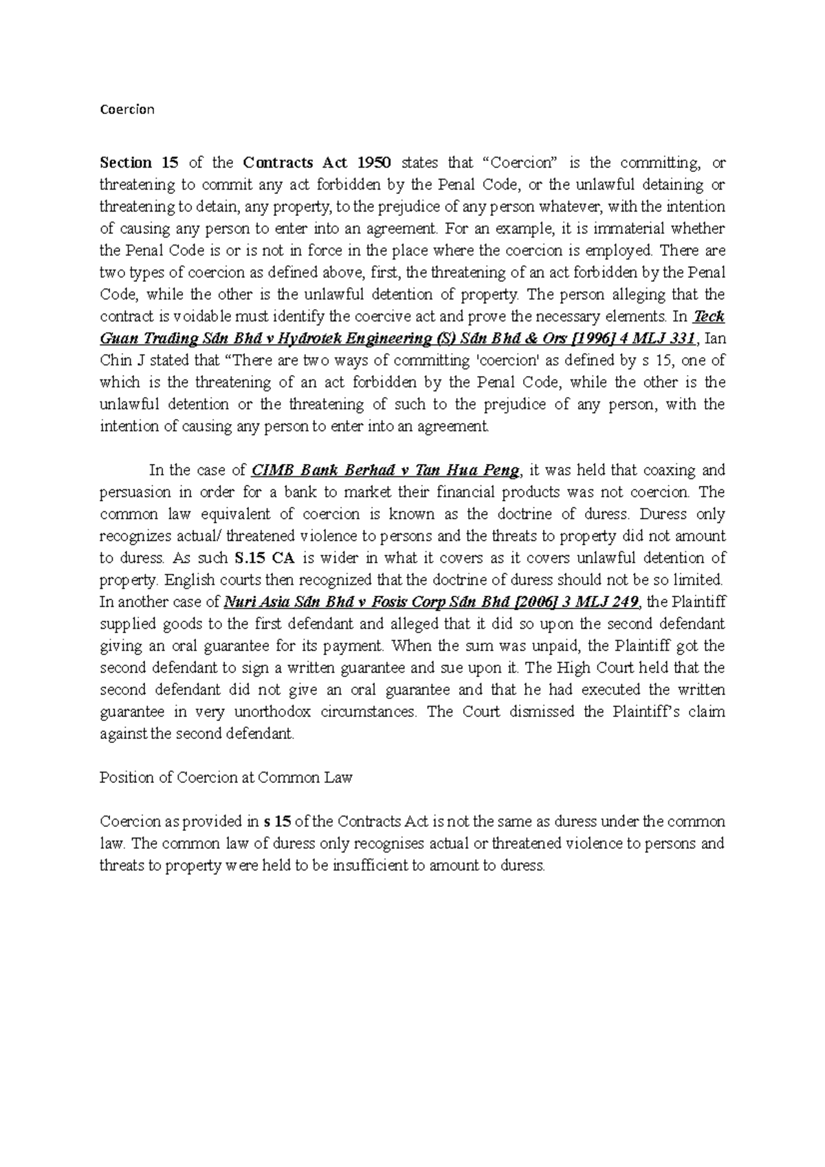 Coercion Case notes Contract Law II MMU Studocu