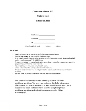 Midterm Exam 2017, questions - Computer Science 217 Midterm Exam ...