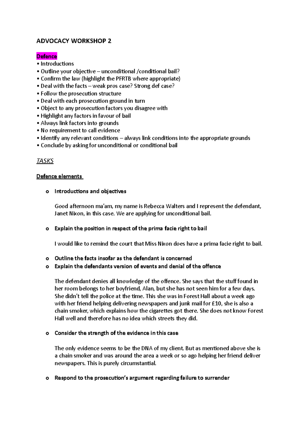 Tutorial work - 2 - Advocacy workshop 2 - ADVOCACY WORKSHOP 2 Defence ...