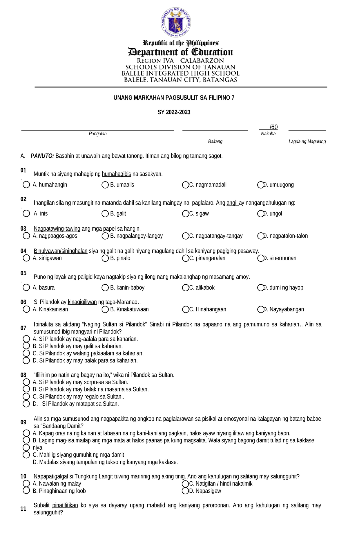 Filipino-7 1st-quarterly-exam - UNANG MARKAHAN PAGSUSULIT SA FILIPINO 7 ...