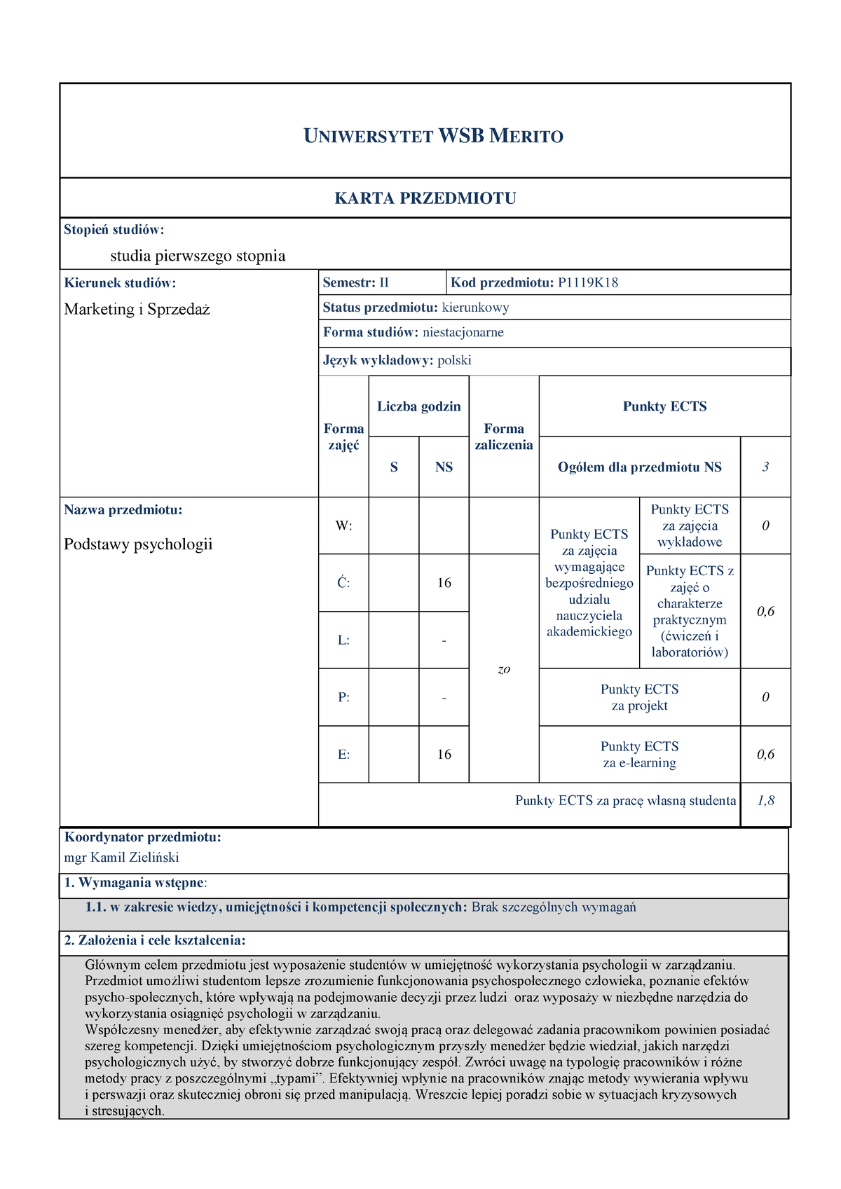 Karta Przedmiotu Podstawy Psychologii Online - UNIWERSYTET WSB MERITO ...