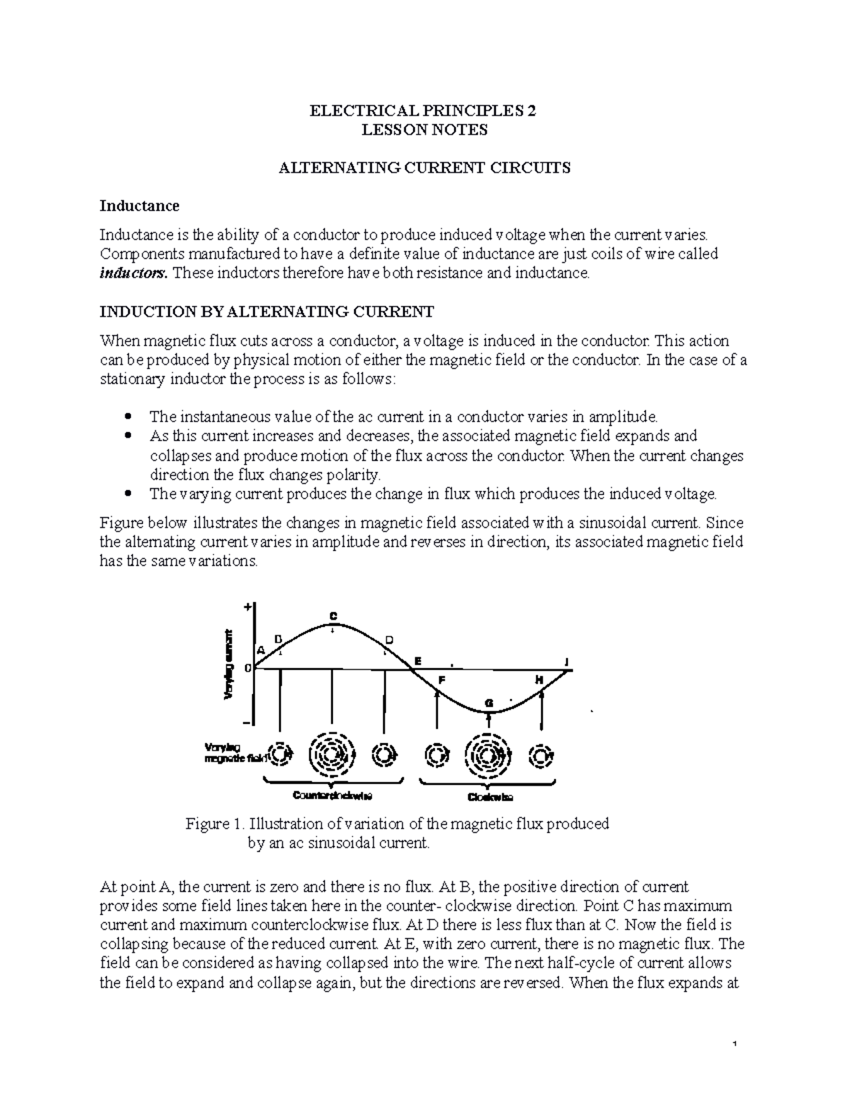 Lesson Notes Electrical Principles 2 - Alternating Current Circuits ...
