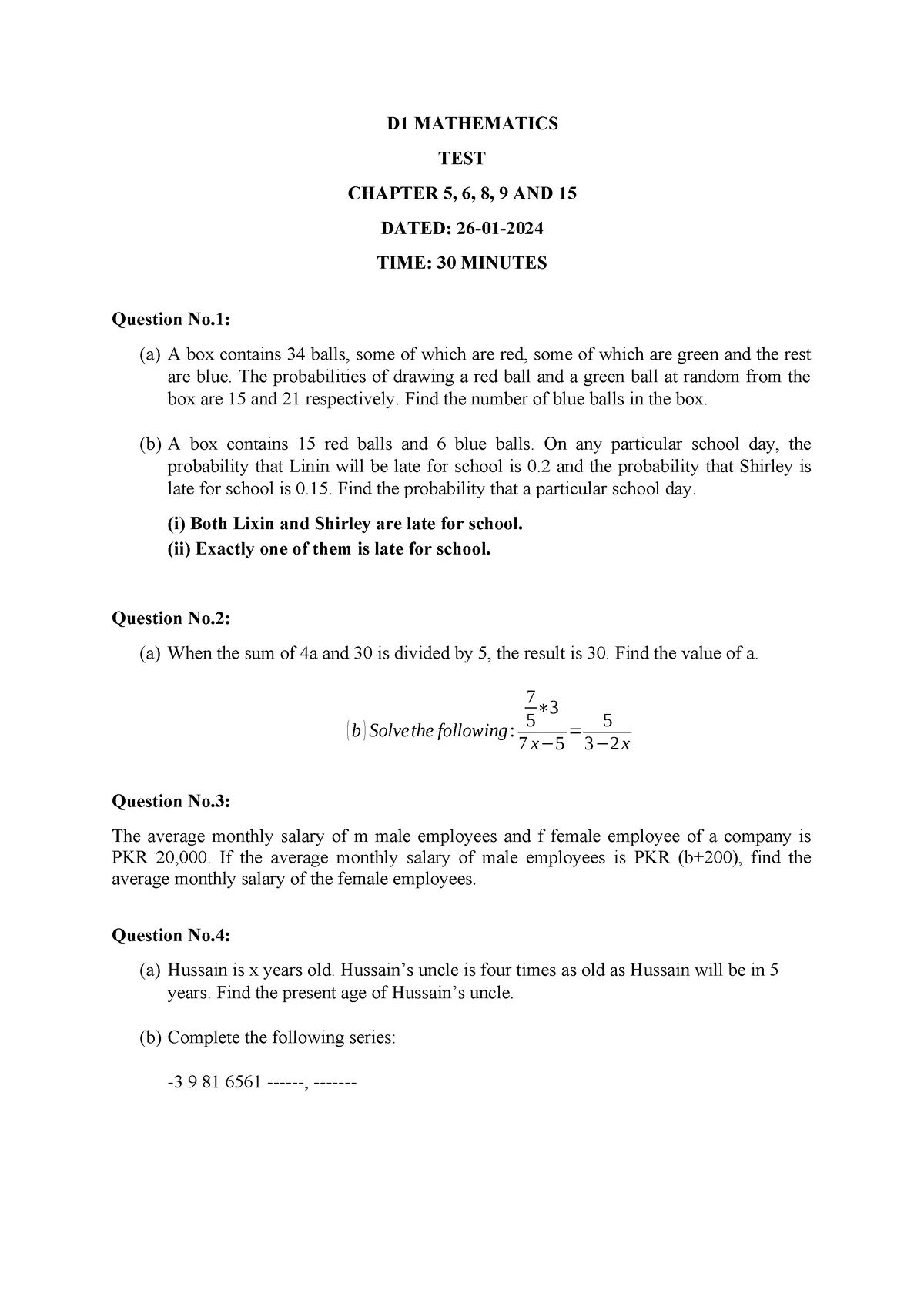 D1 Mathematics 26 - TEST - D1 MATHEMATICS TEST CHAPTER 5, 6, 8, 9 AND ...