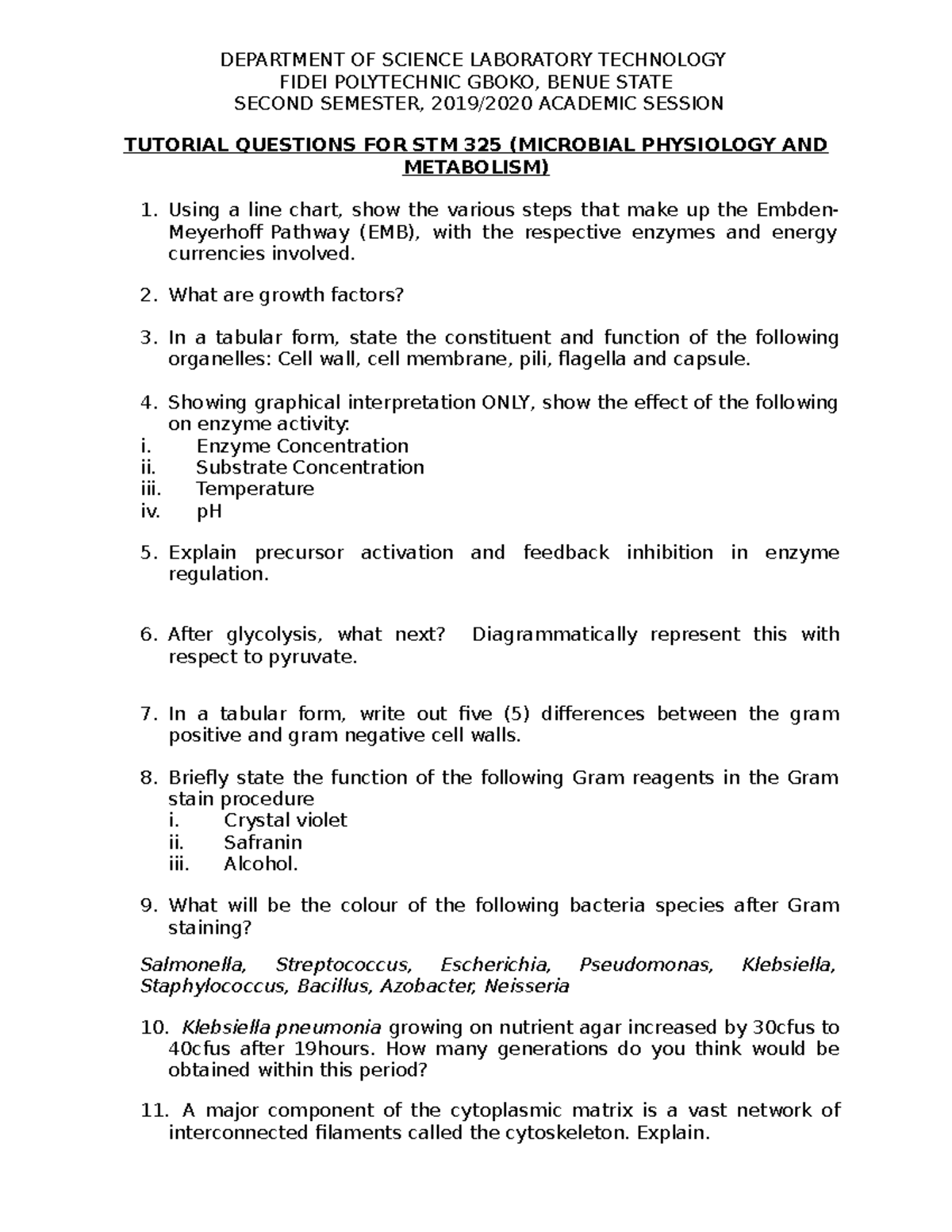 STM 325 Tutorial Questions DEPARTMENT OF SCIENCE LABORATORY