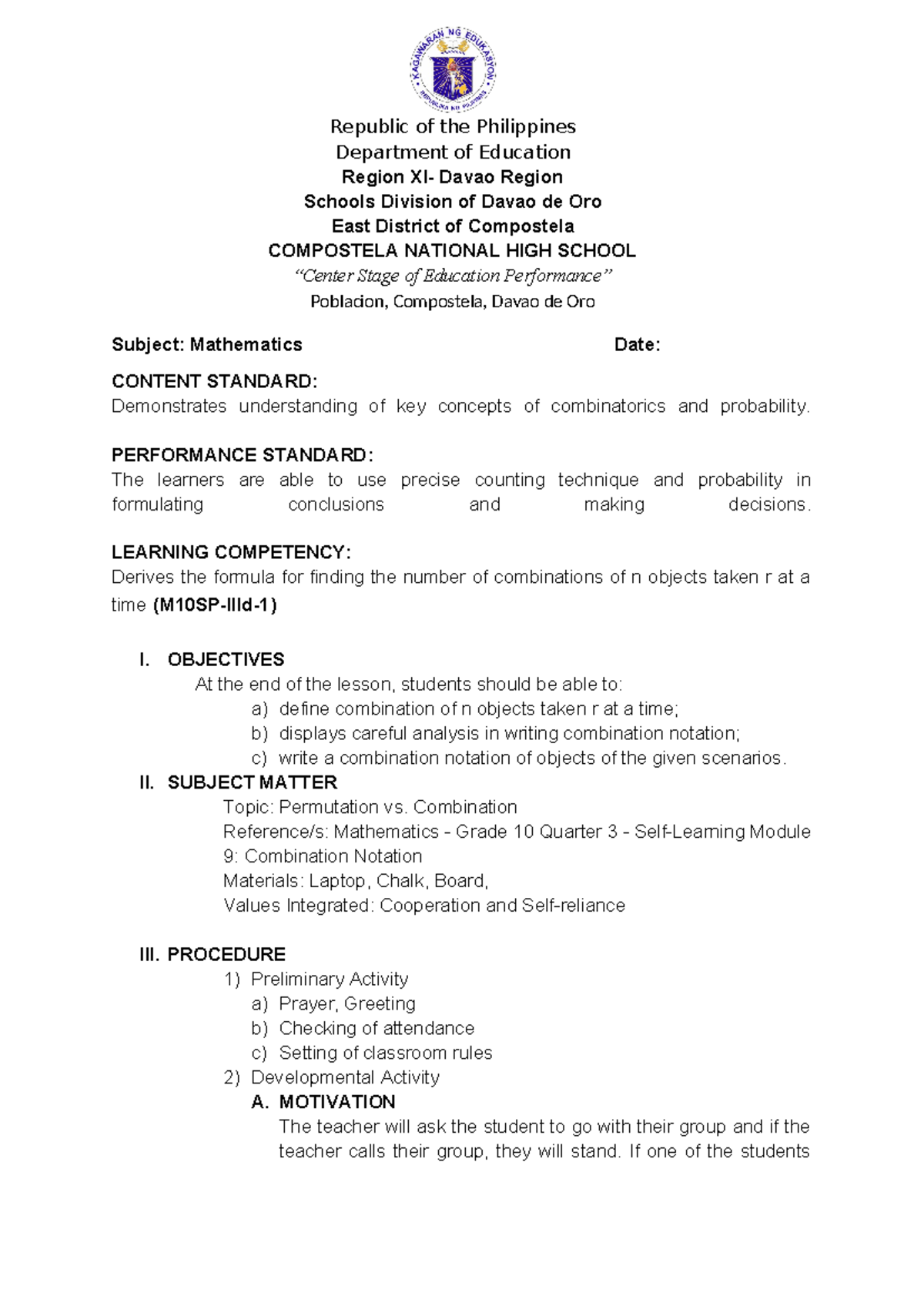 MATH Q3 M9 Combination Notation - Subject: Mathematics Date: CONTENT ...