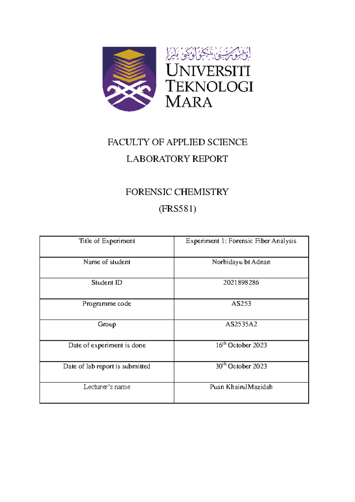 lab report forensic fiber analysis - FACULTY OF APPLIED SCIENCE ...