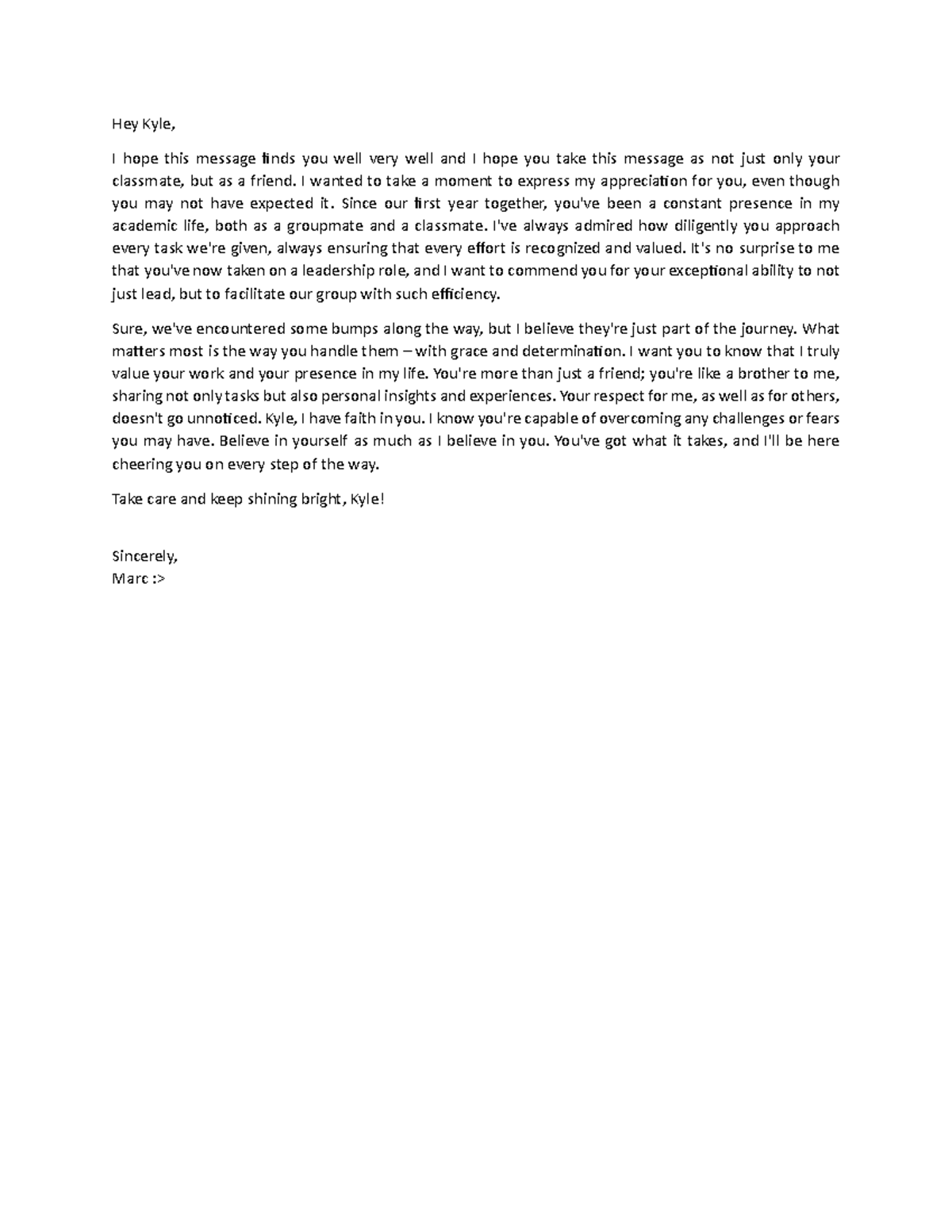 Appreciation Letter for Kyle - Hey Kyle, I hope this message finds you ...